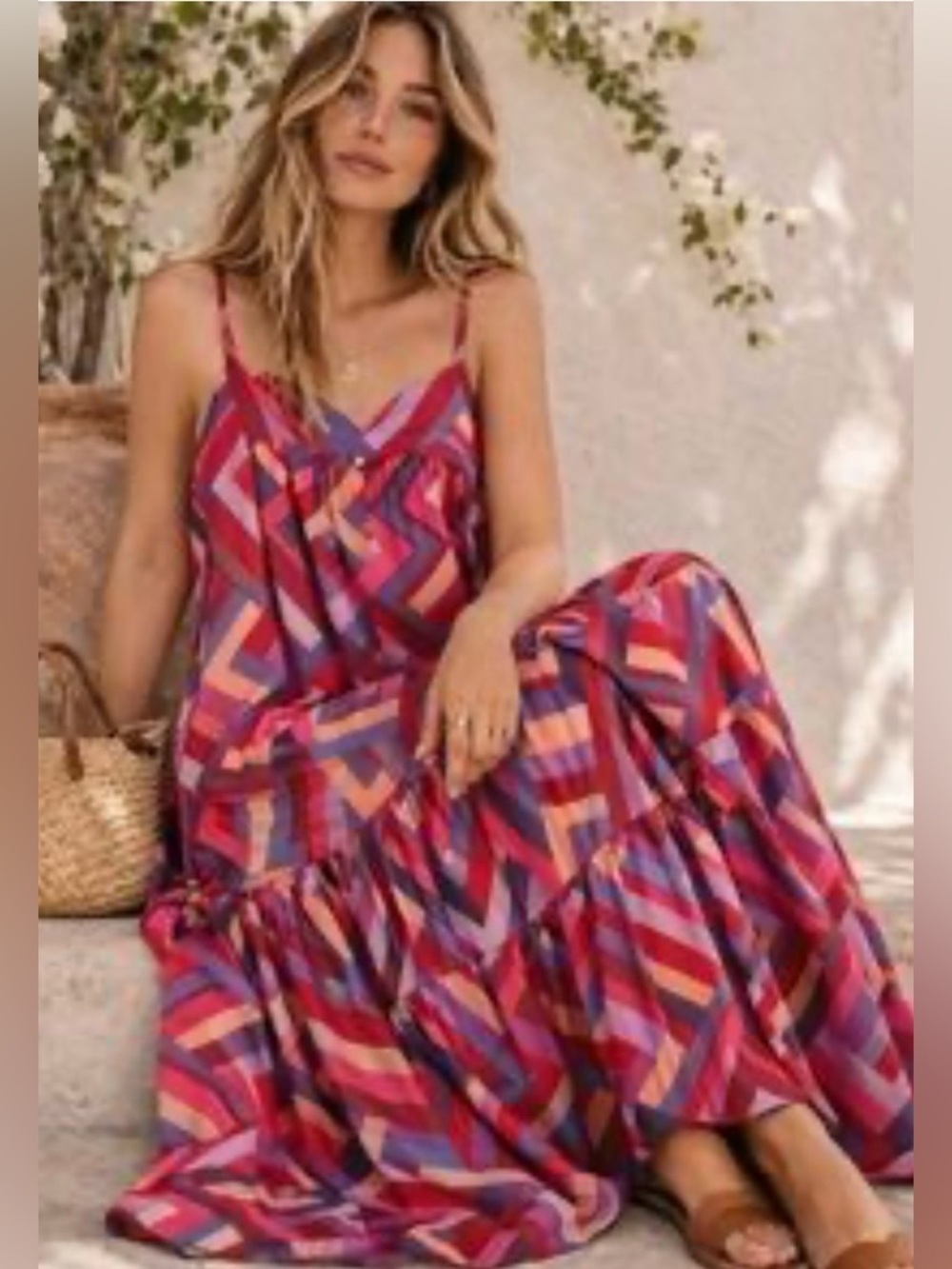 Anthropologie Maxi Dress in Pink, Purple & Red Geometric Print. Size S NEW